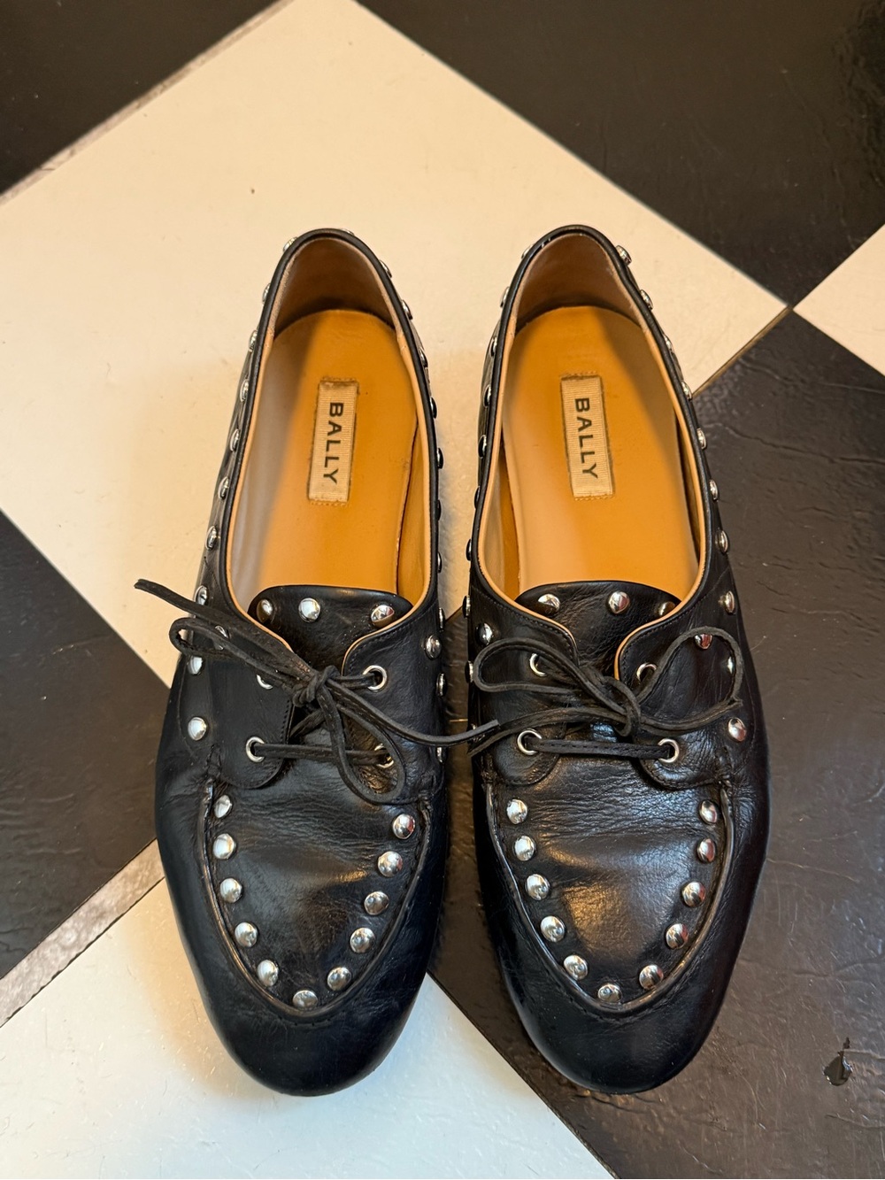 Bally Black Leather Studded Lace-Up Flats